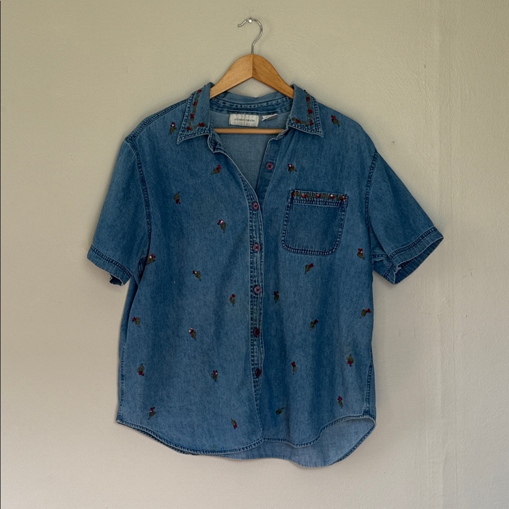Vintage Lemon Grass Denim Short-Sleeve Shirt Embroidered florals XL